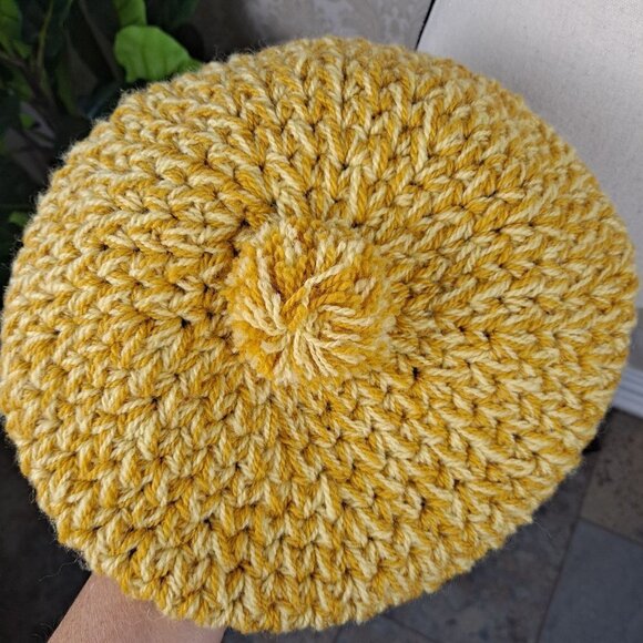 Yellow and White Crocheted Beret with PomPom Hat Cap Winter - Picture 4 of 6